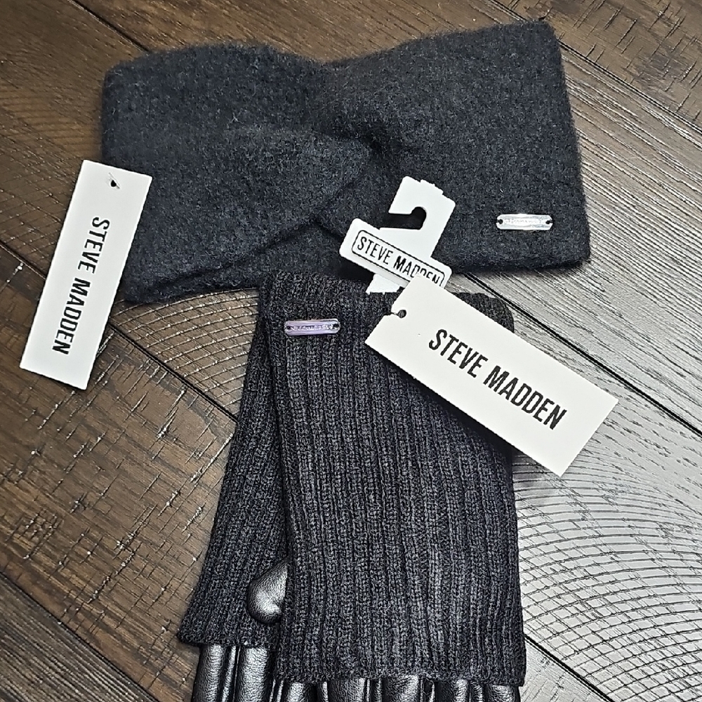 NWT Steve Madden Black Headband and Gloves Set